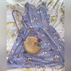 New-H&M Soft Blue Stripes Butterflies Sleeveless dress 100% Cotton girls size 6x
